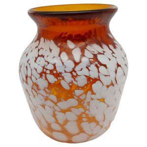 Handmade Signed Art Glass Flower Vase - 6" Heavy Amber Orange White Confetti